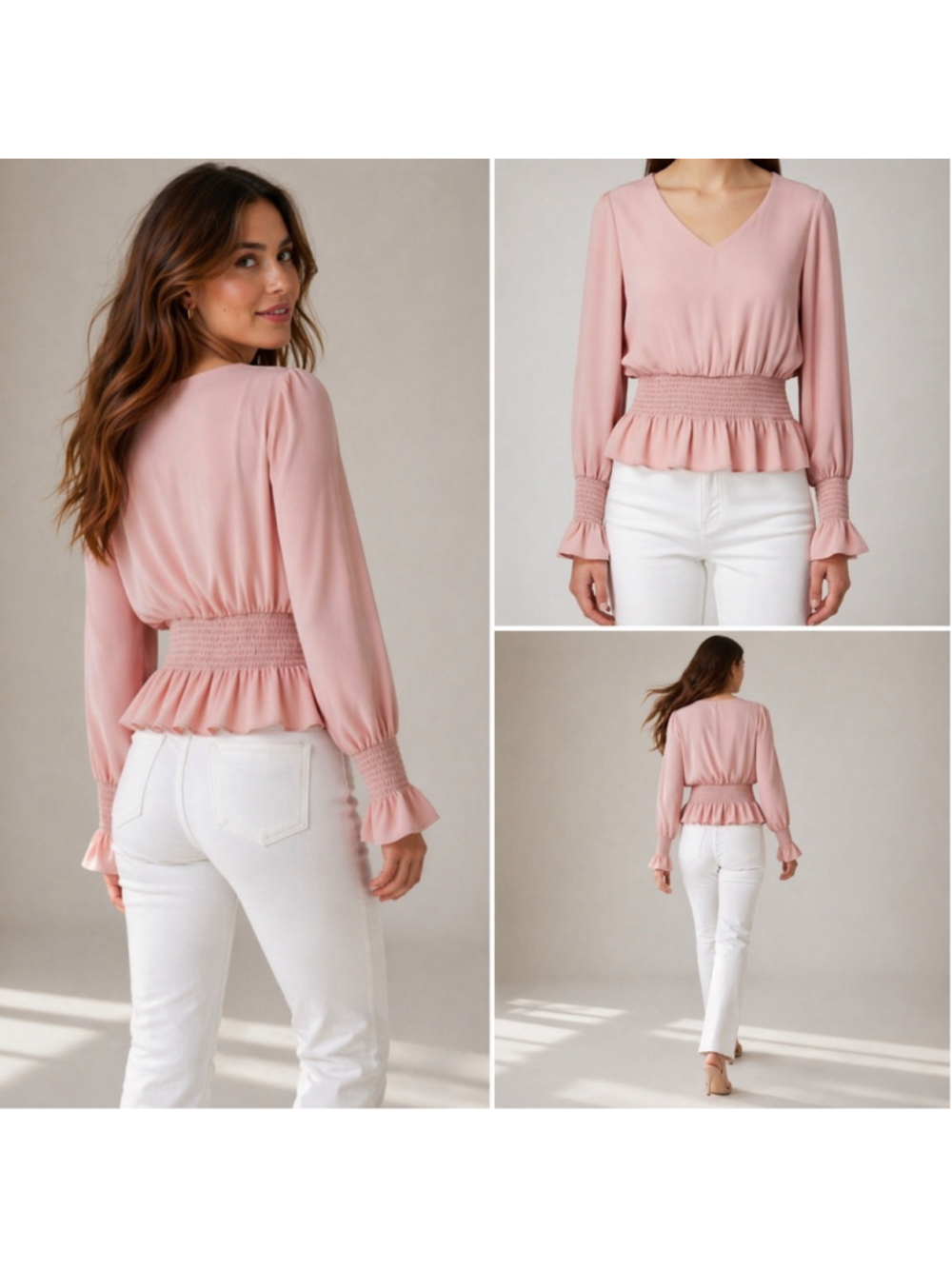 Women's Shinestar Pink V-Neck Smocked Peplum Blouse M